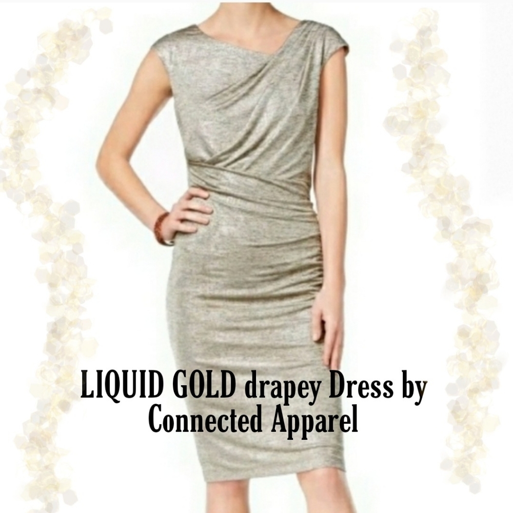 NWT Connected Apparel gold Shimmer Sheath Dress special occasion.